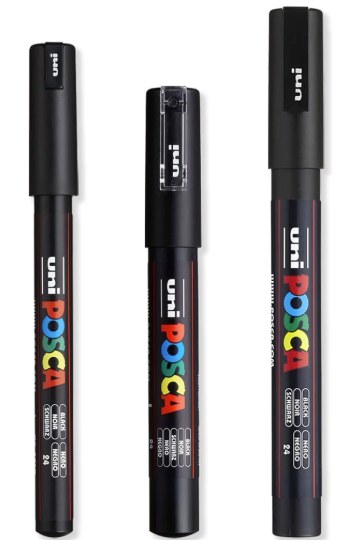 Posca Set of 3 Ultra Thin Paint Pens, PC-1MR, PC-1M, PC-3M, Black Ink